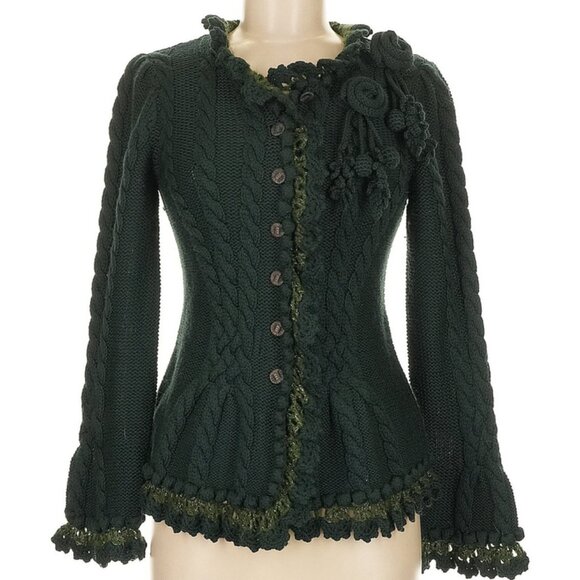 Carlisle Sweaters - 🌿 Carlisle Forest Green Merino Wool Fairycore Cardigan | Knit Flower Appliqué S